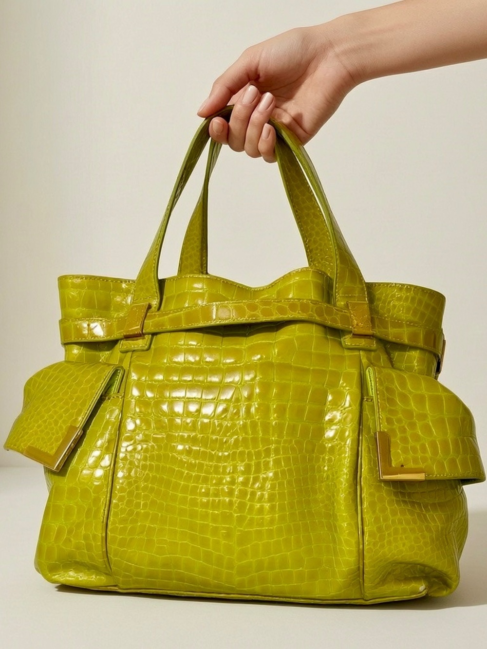 Michael Michael Kors Lime Green Patent Croc Embossed Multi Pocket Shoulder Tote - Picture 8 of 8
